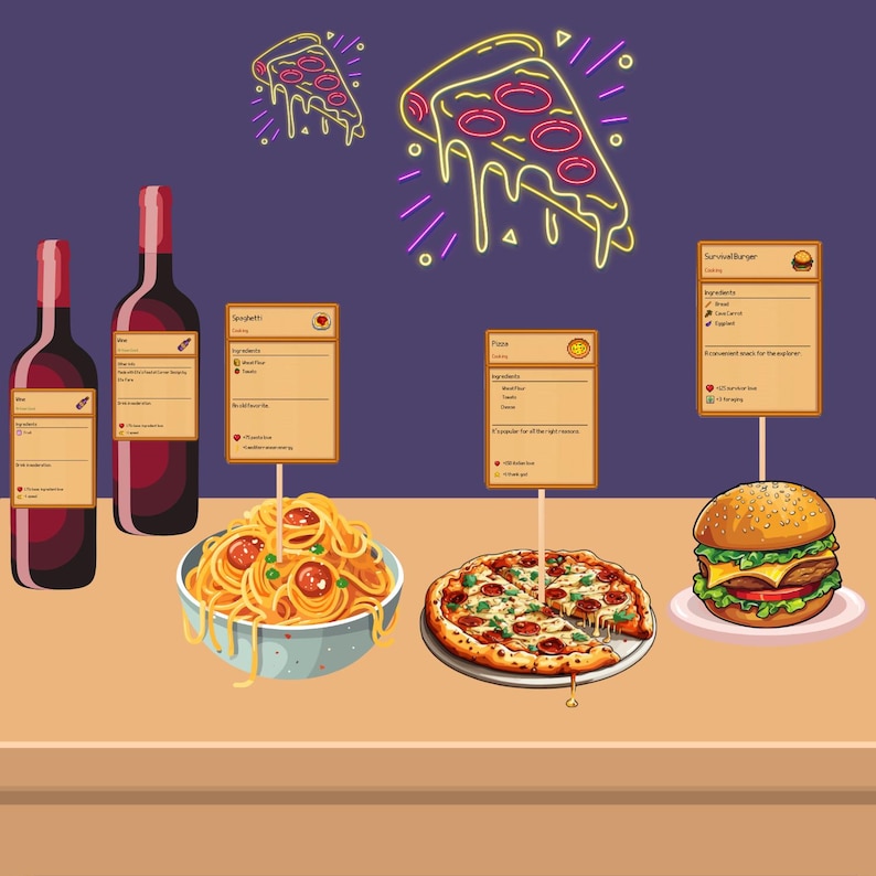 May include: A table displaying a selection of food items, including a pizza, spaghetti, a burger, and two bottles of wine. There are also signs with the names and ingredients of each dish.