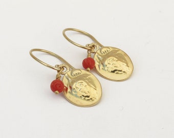 Gold Dangle Earrings with Strawberry and Red Coral, 18K solid gold earrings - Unique Gold Jewelry