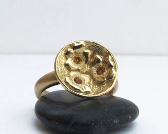 18K Gold Ring Forget Me Not Flowers with Citrine - Handmade Fine Jewelry