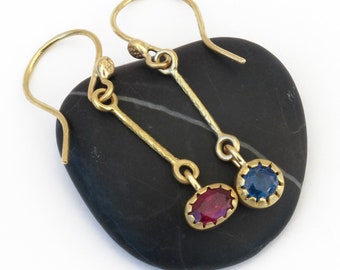 Intricate Tanzanite Ruby Gold Earrings, 18K Gold Dangle - Handmade Fine Jewelry