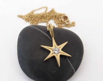 Gold Star Pendant with Diamond and 18K Gold Necklace - Handmade Fine Jewelry