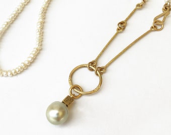 South Sea Pearl Pendant, Baroque Pearl Necklace, Seed pearl necklace, 18K gold bar link chain - Unique Pearl Jewelry