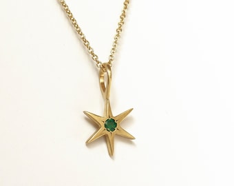 Gold Star Pendant with Emerald 18K Gold Star of David , six ray star - Emerald Jewelry