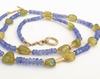 Tanzanite Yellowish green Sapphire necklace 18K Gold - Unique Fine Jewelry OOAK