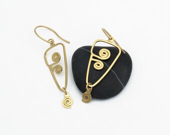 Long dangle 18K GOLD earrings with double spiral ornament - Handmade Fine Jewelry, Spiral collection