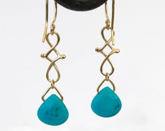 Sleeping Beauty Turquoise Earrings, 14K Gold Dangle Earrings - Handmade Fine Jewelry