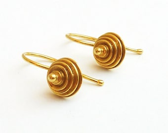 Ancient style gold earrings, 18K Gold dangle earrings - Handmade Fine Jewelry