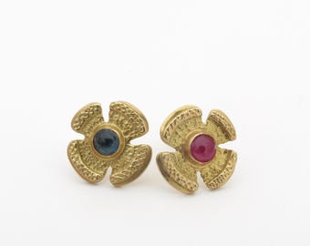 Ruby earrings, Sapphire Earrings, 18K Gold earrings, two stone earrings - Fine Real Gold Jewelry
