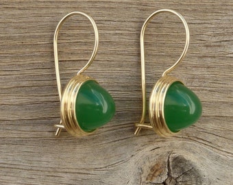 Gold Dangle earrings 18K with Vintage Green Glass - Handmade Fine Jewelry