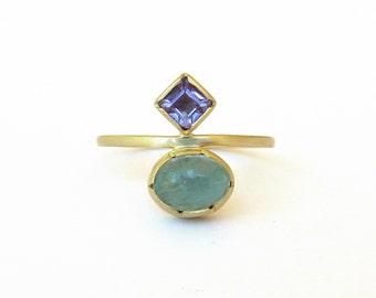 Aquamarine Ring & Amethyst 18K Gold  Double Stone Ring  Fine Jewelry Gift for her