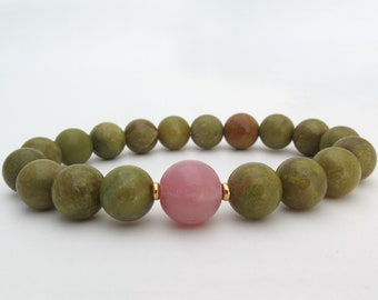 Pink Opal Olive Green Opal 18K Gold Bracelet - Opal Bracelet - Handmade Fine Jewelry