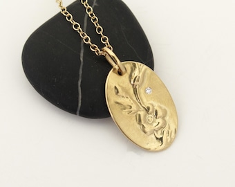Oval 18K Gold Flower Pendant Necklace with Diamond - Handmade Fine Jewelry