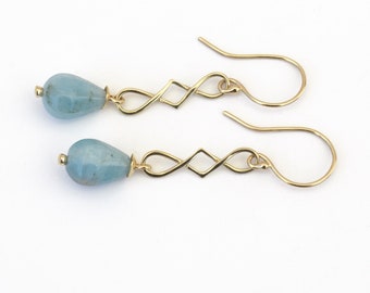 Aquamarine Earrings, 14K Gold Earrings, Aquamarine Gold Dangle Earrings - Handmade Fine Jewelry