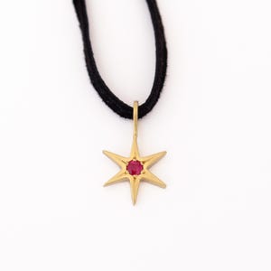May include: A gold star pendant with a red gemstone in the center, hanging from a black cord.