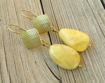 Baltic Amber Long Dangle Earrings 18K Gold Yellow Amber - Handmade Statement Jewelry