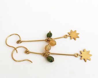 Long gold dangle earrings, 18K gold  earrings, Gold Stars, Opal & Chrome Diopside - Unique High End Jewelry