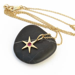 May include: A gold necklace with a star-shaped pendant featuring a red gemstone. The necklace is on a dark gray stone.