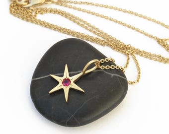 Gold Star Pendant with Ruby 18K Chain Necklace, six ray star - Handmade Fine Jewelry