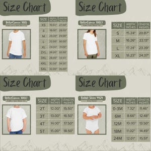 May include: Size chart for Bella+Canvas 3001, 3001Y, 3001T t-shirts and Rabbit Skins 4424 baby onesies. The chart shows the width and length in inches for each size.