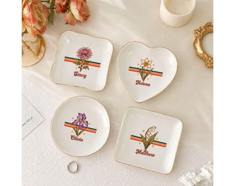 Personalized Retro 70s Birth Flower Trinket Dish, Custom Watercolor Flower Ring Dish, Wedding Bridesmaid Gift, Vintage Birthday Jewelry Dish