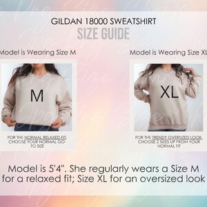 Gildan 18000 スウェットシャツ サイズガイド、モデルサイズ クルーネック比較、オーバーサイズモデル モックアップ サイズガイド、POD G18000 ヘビーブレンド スウェットシャツ