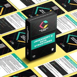 May include: A deck of 56 flashcards with a black and teal design. The cards are titled "Javascript & Data Structures" and feature the logo "The Coding Cards".