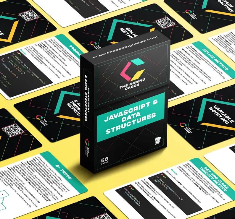 May include: A deck of 56 flashcards with a black and teal design. The cards are titled "Javascript & Data Structures" and feature the logo "The Coding Cards".