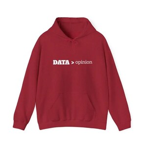 May include: Red hooded sweatshirt with the text "DATA > opinion" printed in white on the front.