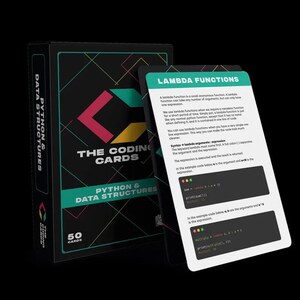 Op de afbeelding: Een set van 50 flashcards met een zwart, groen en rood ontwerp. De kaarten zijn getiteld "The Coding Cards" en bevatten de tekst "Python & Data Structures". E&eacute;n kaart is zichtbaar, met de titel "Lambda Functions" en een uitleg over lambda-functies in Python.