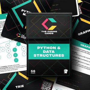 Op de afbeelding: Een set van 56 codingkaarten met een turquoise, zwart en geel kleurenschema. De kaarten bevatten de tekst "The Coding Cards" en "Python & Data Structures".