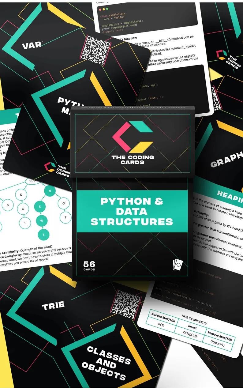 Op de afbeelding: Een set van 56 codingkaarten met een turquoise, zwart en geel kleurenschema. De kaarten bevatten de tekst "The Coding Cards" en "Python & Data Structures".