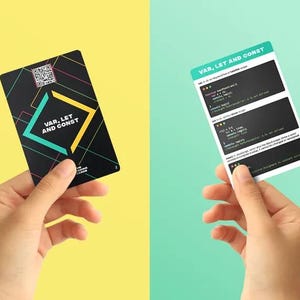 May include: Two cards with black backgrounds and colorful geometric designs. The card on the left says "Var, Let and Const" and has a QR code. The card on the right has the same title and shows code examples.