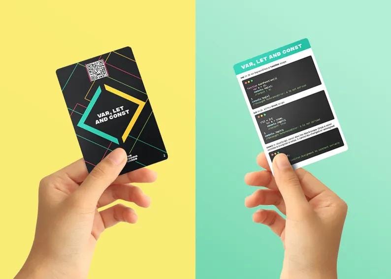 May include: Two cards with black backgrounds and colorful geometric designs. The card on the left says "Var, Let and Const" and has a QR code. The card on the right has the same title and shows code examples.