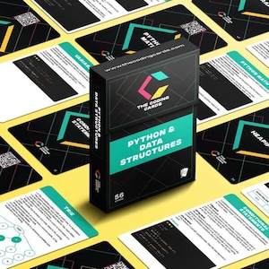 Op de afbeelding: Een doos met 56 codeerkaarten om Python en datastructuren te leren. De doos is zwart met groene en roze accenten en heeft de tekst "Python & Data Structures" en "The Coding Cards".