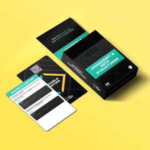 May include: A set of 56 flashcards with a black background and green and yellow accents. The flashcards are designed to teach JavaScript and data structures. The front of one card shows the title "Variable Hoisting" with a QR code in the top left corner. The back of the card shows the title "Variable Hoisting" with a yellow triangle and the text "Dive into JavaScript, one flashcard at a time."