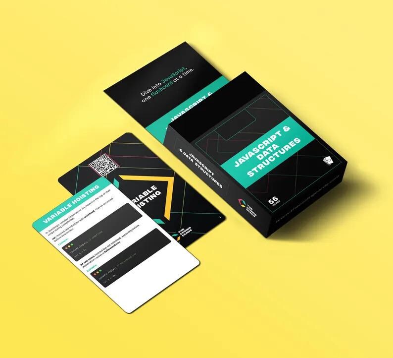 May include: A set of 56 flashcards with a black background and green and yellow accents. The flashcards are designed to teach JavaScript and data structures. The front of one card shows the title "Variable Hoisting" with a QR code in the top left corner. The back of the card shows the title "Variable Hoisting" with a yellow triangle and the text "Dive into JavaScript, one flashcard at a time."