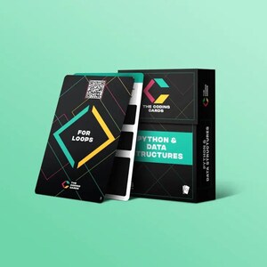 Op de afbeelding: Een set flashcards om Python en datastructuren te leren. De kaarten zijn zwart met witte en groene tekst. De voorkant van een kaart toont een QR-code en de tekst "For Loops". De achterkant van de kaart toont de tekst "Python & Data Structures".