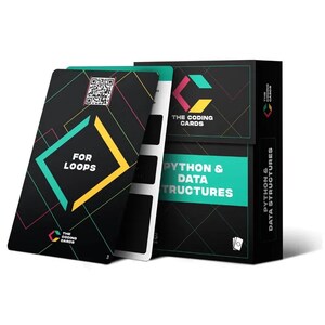 Op de afbeelding: Een set flashcards om Python en datastructuren te leren. De kaarten zijn zwart met turquoise en gele accenten. De voorkant van de kaart toont de tekst "FOR LOOPS" in een geel en turquoise vak. De achterkant van de kaart is zwart met een turquoise en geel logo met de tekst "THE CODING CARDS".
