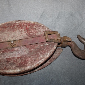 Vintage Giant Red Wood Pulley Block and Tackle