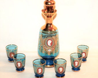 Vintage Bohemian Decanter Set with Raised Cameos