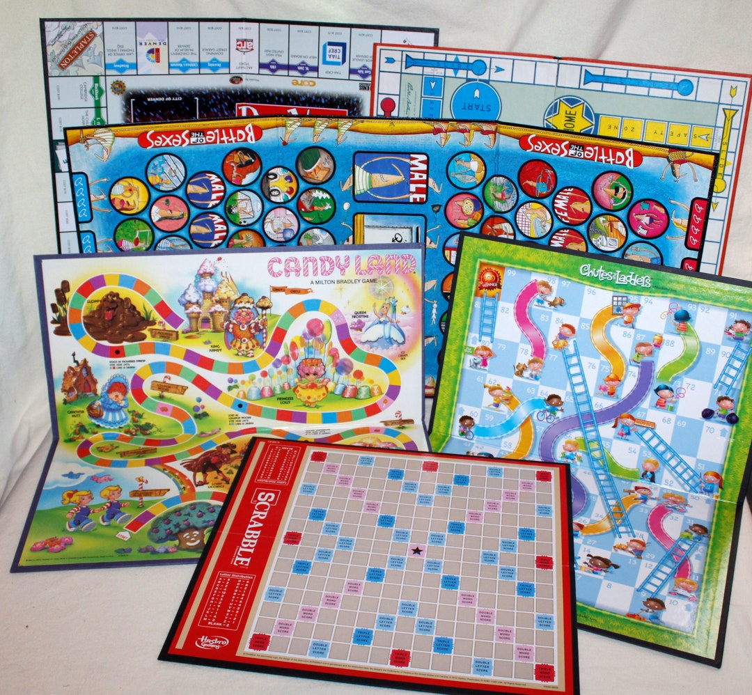 6 Vintage Game Boards Candyland, Scrabble, Denver on Board, Battle of the Sexes, Sorry, Chutes