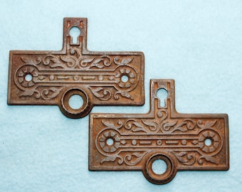 Vintate Pair of Eastlake Style Doorknob Plates with Keyhole Escutcheons