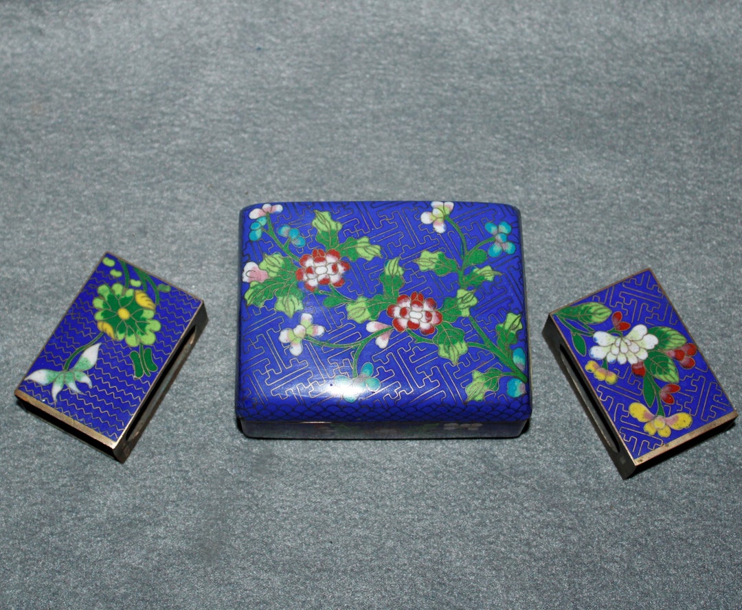 cloisonne cigarette box Vintage Cinese Enamel Floral Box, Ashtray, Matches Holder ** Old Chinese Brass Cloisonn Dragon