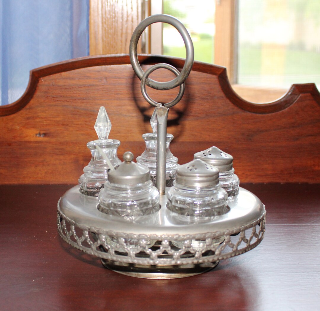 Metal Condiment Caddy With Crystal Cruets Etsy