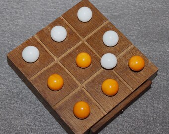 Vintage Wood Tic Tac Toe Board with Marbles Portable Travel Style