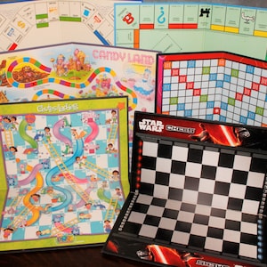 6 Vintage Game Boards Monopoly, Scrabble, Star Wars Chess, Beachfront, Chutes and Ladders, Candyland