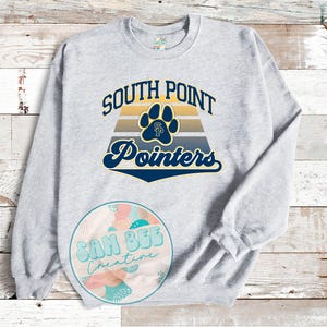 May include: Gray sweatshirt with a blue and yellow graphic design that says "South Point Pointers" with a paw print in the center.