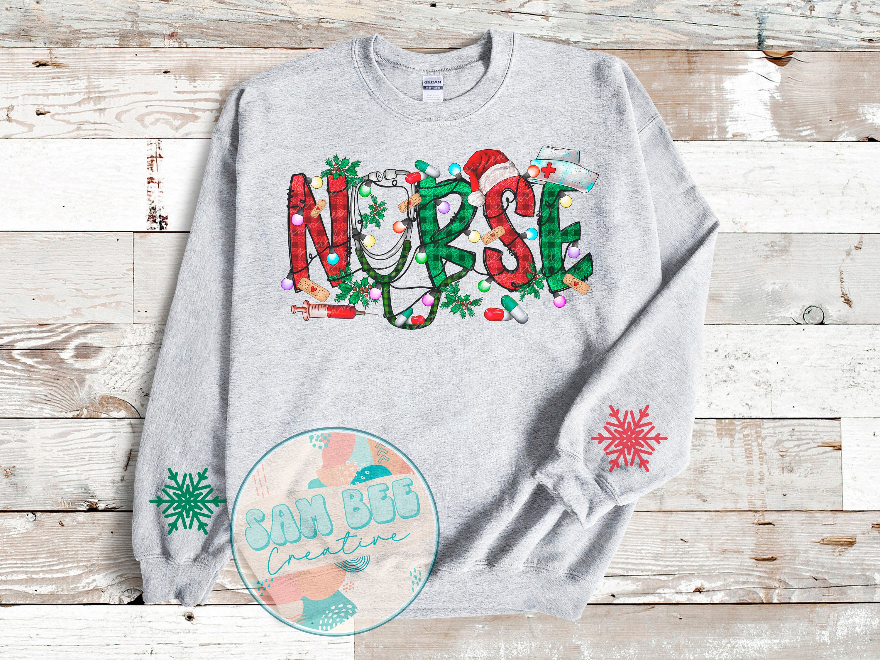 Nurse Christmas Crewneck Sweatshirt / Sublimation design / Nurse Crewneck /  Gifts for Her / Gift Ideas for RN LPN Bsn App Np Apn / Ash Grey