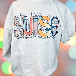 Nurse Doodle Crewneck Sweatshirt / Sublimation design / Nurse Sweatshirt / Gifts for Her / Gift Ideas for RN LPN Bsn App Np Apn / Ash Grey