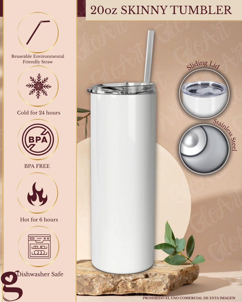 May include: A 20oz white skinny tumbler with a stainless steel construction, a sliding lid, and a reusable straw. The tumbler features icons indicating it is BPA free, dishwasher safe, and keeps liquids cold for 24 hours or hot for 6 hours.